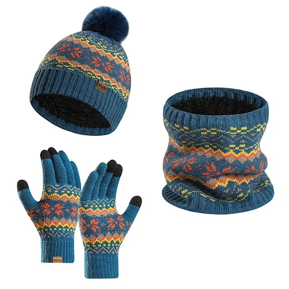Wovix Womens Winter Beanie Hat Long Scarf and Touchscreen Gloves 3 Pieces Lined Skull Caps with Pompom Neck Scarves Set Fair Isle Pattern Winter Gifts