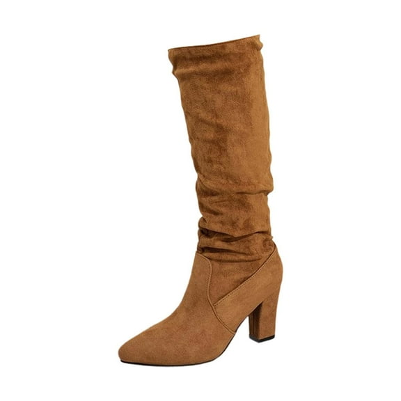 Wovix Womens Winter Slouchy Keen-High Boots Faux Suede Slip on Chunky Block Pointed Toe Trendy Boots For Ladies Wedding Party Brown 41