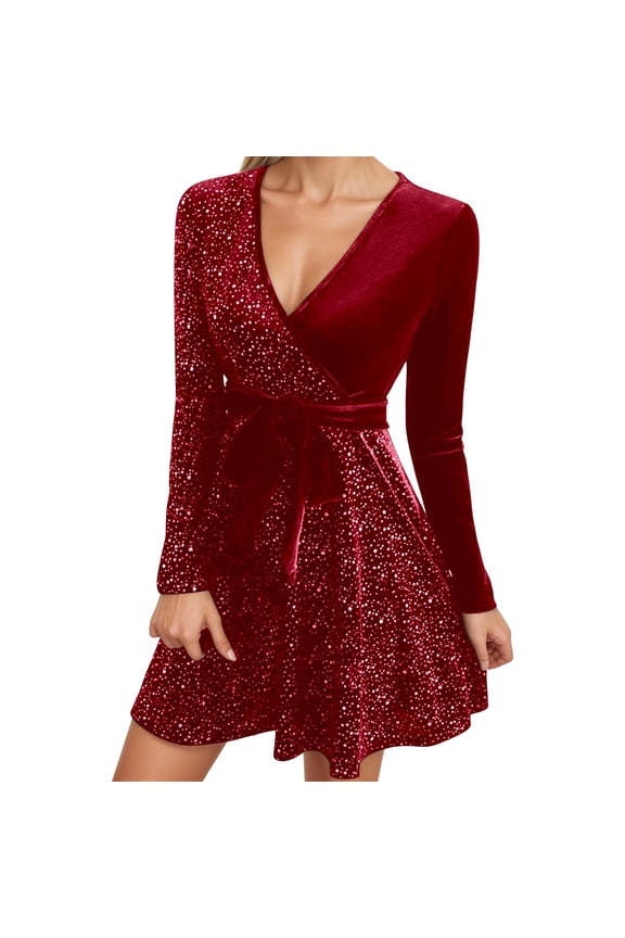Womens Wrap V Neck Long Sleeve Velvet Glitter A Line Cocktail Party Swing Fit and Flare Skater Mini Dress Carnival