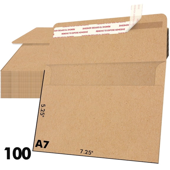 Blank Kraft Brown Invitation Envelopes, Self-Seal, A7 5-1/4 x 7-1/4 Inches, , 100 Count, Paper Envelopes for Greeting Card, Photos, Wedding Card