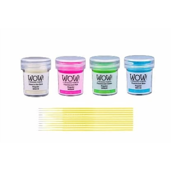 Wow! Embossing Powders Bundle - Glow-in-The-Dark, Fluorescent Pink, Fluorescent Blue, and Fluorescent Green Embossing Powders - with Trebbies Fine Detail Sticks