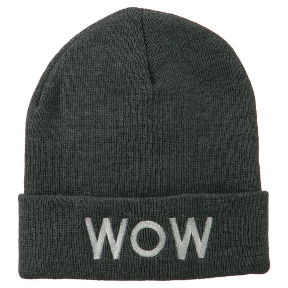 Wow Embroidered Long Knit Beanie - Grey OSFM