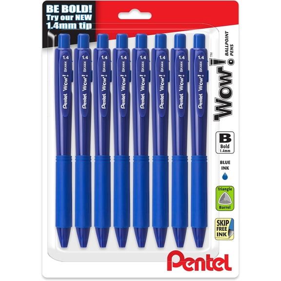 Wow! Retractable Ballpoint Pen, (1.4mm), Bold Line, Blue Ink, Pack of 8 (BK444BP8C)