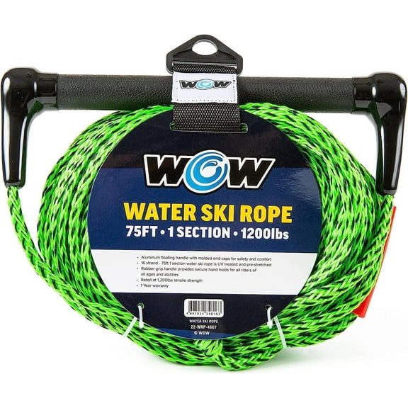 WOW Sports 75' Towing Rope for Water Ski and Watersports, 1-Section Tow Rope with Rubber Handle