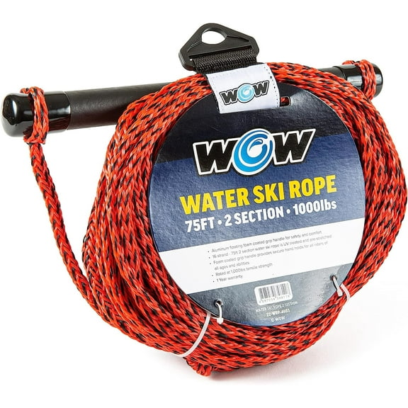 WOW Sports 75' Towing Rope for Wakeboard, Water Ski and Wakesurf, 2-Section, 1 Pack