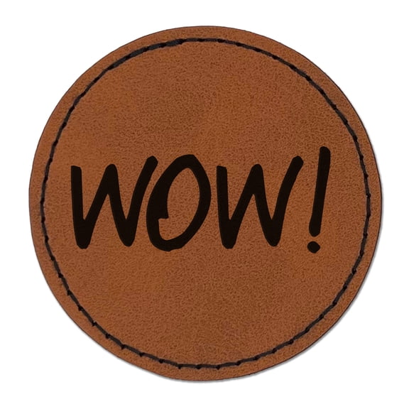 Wow Text 2.5" Faux Leather Round Engraved Iron-On Patch - Brown