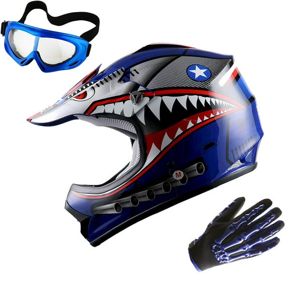 Wow! Youth Kids Motocross BMX MX ATV Dirt Bike Helmet HBOY Shark Blue, Goggles, Skeleton Blue Glove Bundle