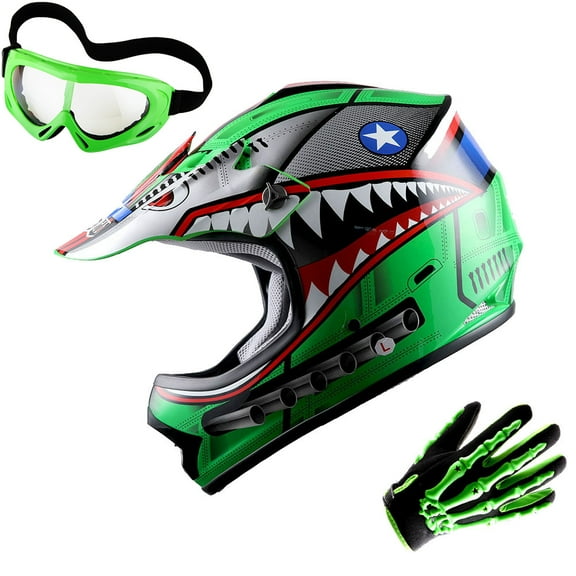 Wow! Youth Kids Motocross BMX MX ATV Dirt Bike Helmet HBOY Shark Green, Goggles, Skeleton Green Glove Bundle