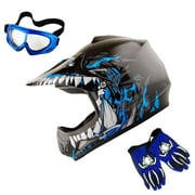 Wow! Youth Kids Motocross BMX MX ATV Dirt Bike Helmet HJOY Dragon Blue, Goggles, MG Youth Blue Glove Bundle