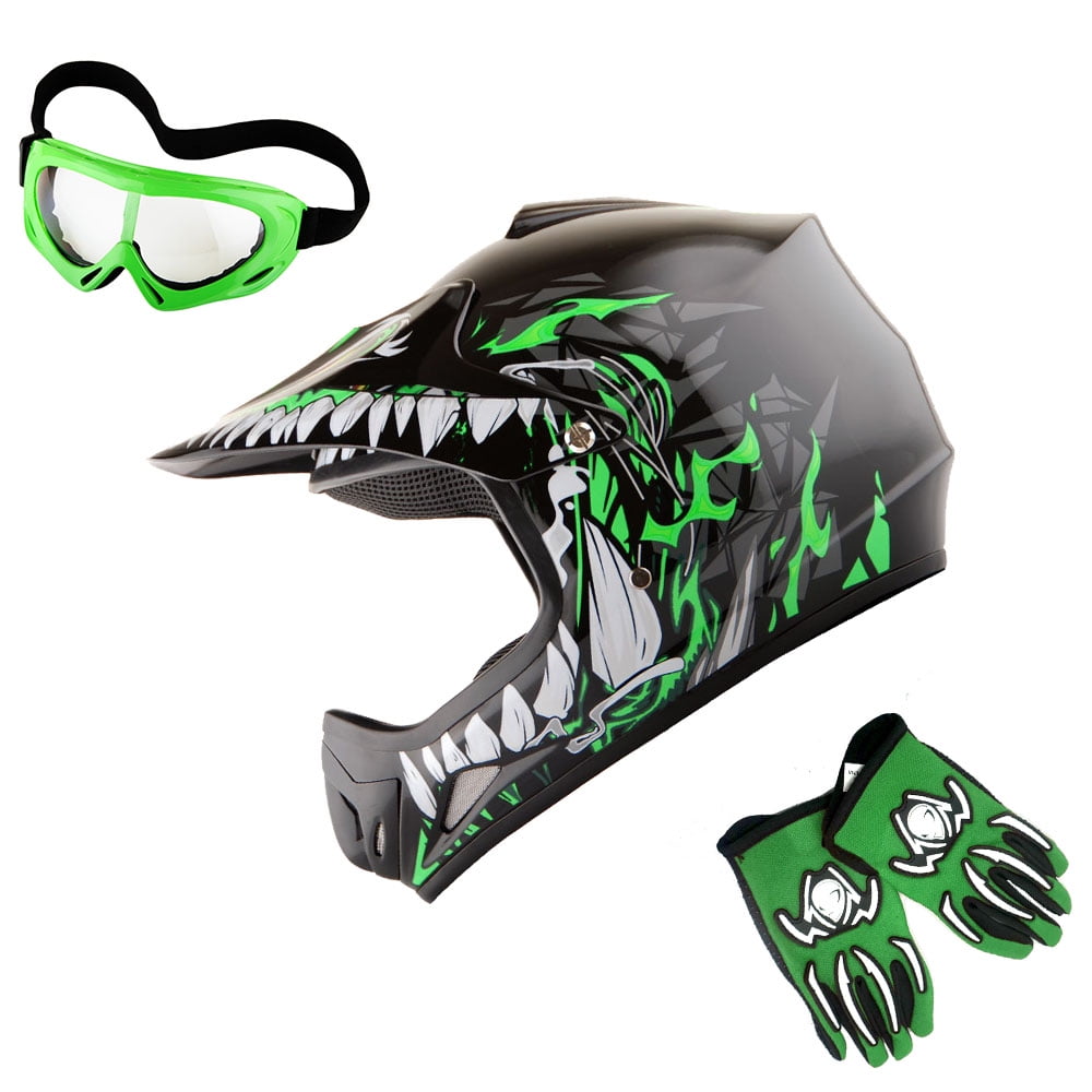 Wow! Youth Kids Motocross BMX MX ATV Dirt Bike Helmet HJOY Dragon Green, Goggles, MG Youth Green Glove Bundle
