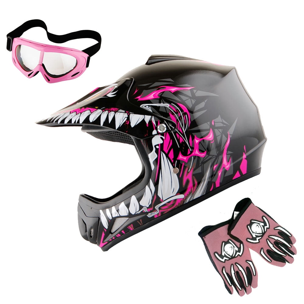 Wow! Youth Kids Motocross BMX MX ATV Dirt Bike Helmet HJOY Dragon Pink, Goggles, MG Youth Pink Glove Bundle
