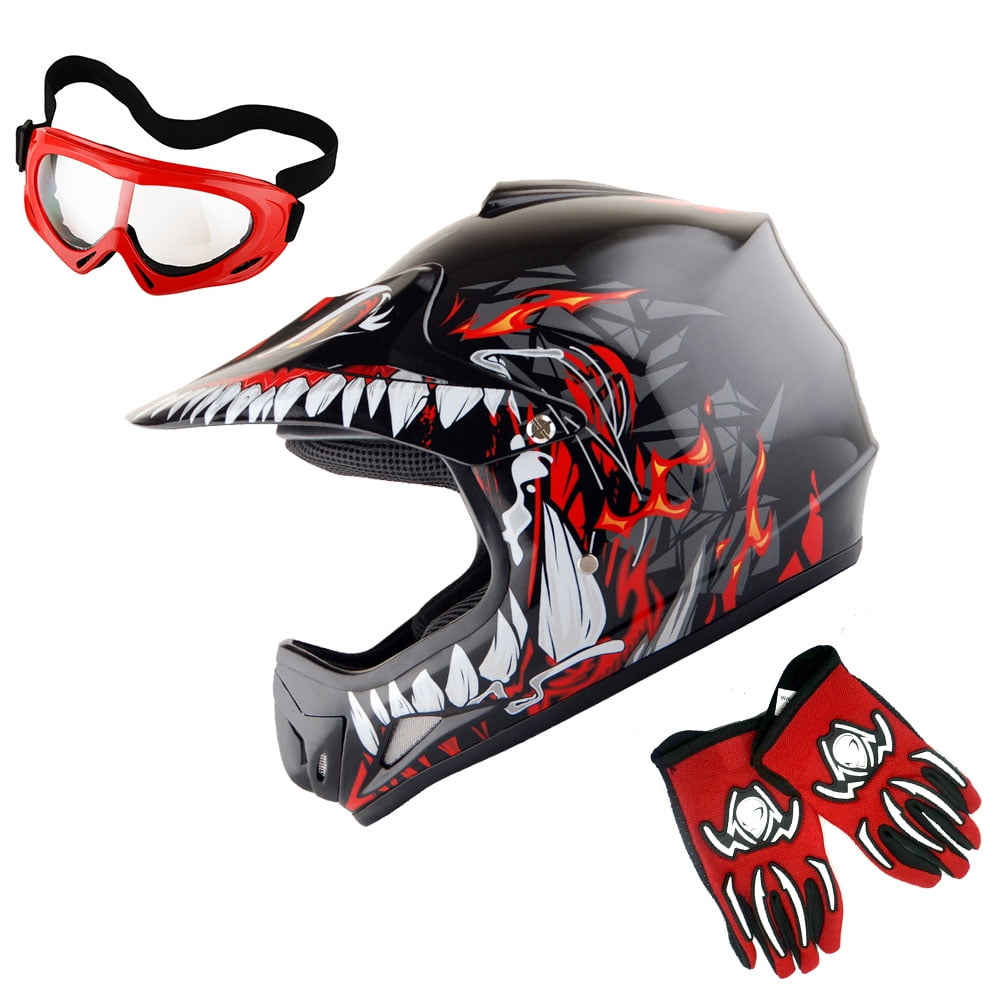 Wow! Youth Kids Motocross BMX MX ATV Dirt Bike Helmet HJOY Dragon Red, Goggles, MG Youth Red Glove Bundle