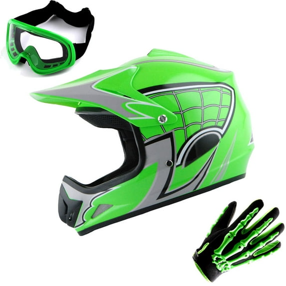 Wow! Youth Kids Motocross BMX MX ATV Dirt Bike Helmet HJOY Spider Web Green, Goggles, Skeleton Green Glove Bundle