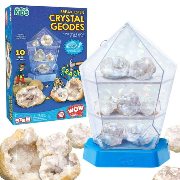Wow in The World 10 Real Break-Open Crystal Geodes with Display Case Bonus Goggles & Magnifying Glass, Companion Audio Content, STEM Toy for Boys & Girls 6+ by Thames & Kosmos