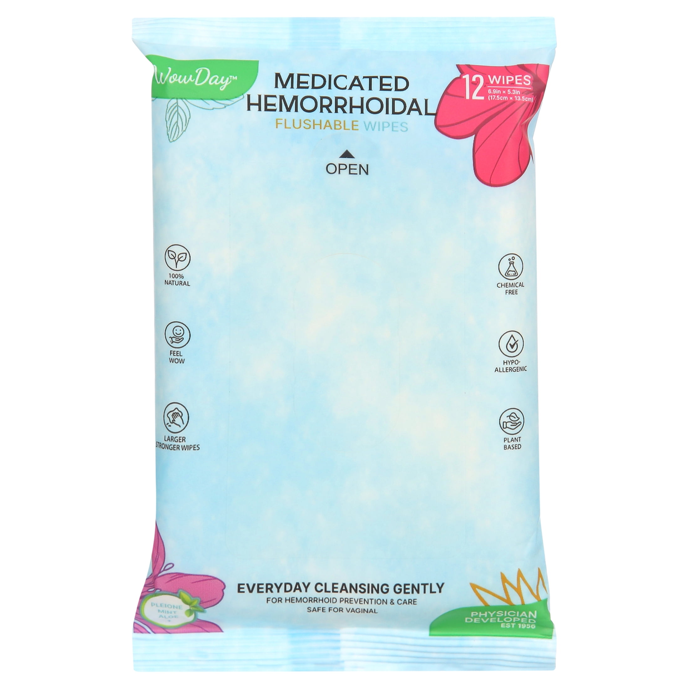 WowDay Hemorrhoidal Medicated Wipes for Hemorrhoids Flushable