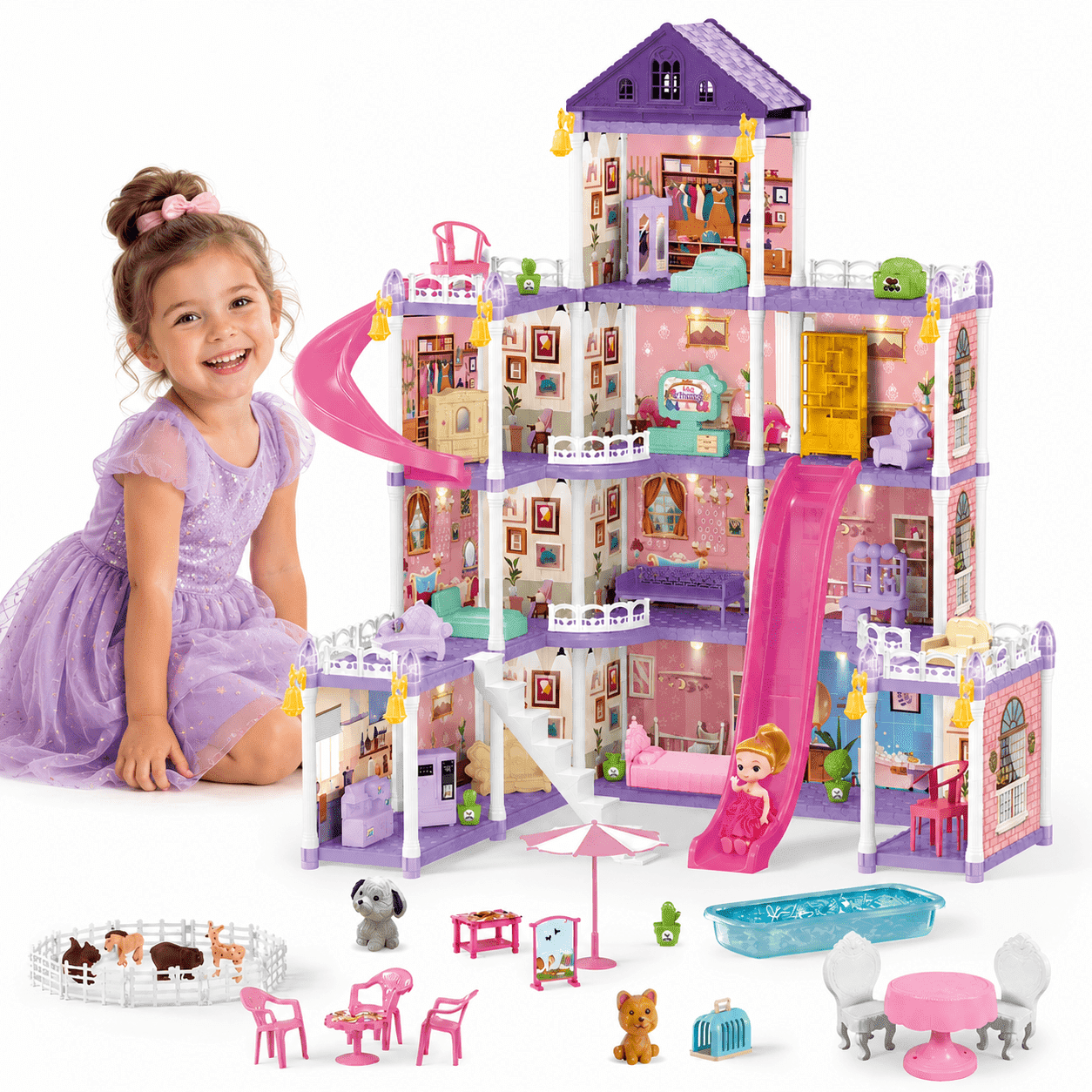ドールハウス WowSmile 5-Story Doll House with LED Lights, Dolls, Furnitures