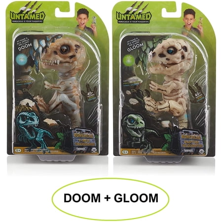 WowWee Untamed Skeleton by Fingerlings Raptor & T-Rex Interactive Collectible Dinosaur | Gloom (Sand) + Doom (Ash)