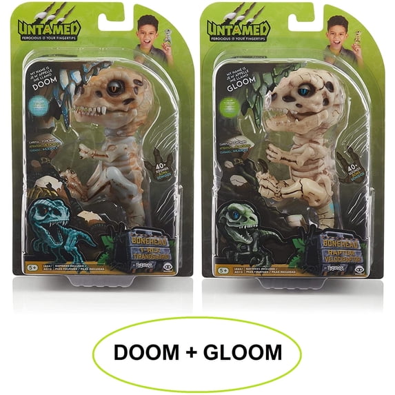WowWee Untamed Skeleton by Fingerlings Raptor & T-Rex Interactive Collectible Dinosaur | Gloom (Sand) + Doom (Ash)