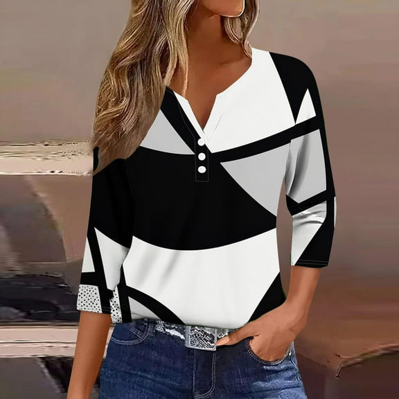 Wowcloth 3/4 Length Sleeve Womens Tops V Neck Tunic Shirts Loose Curved Hem Blouses Dressy