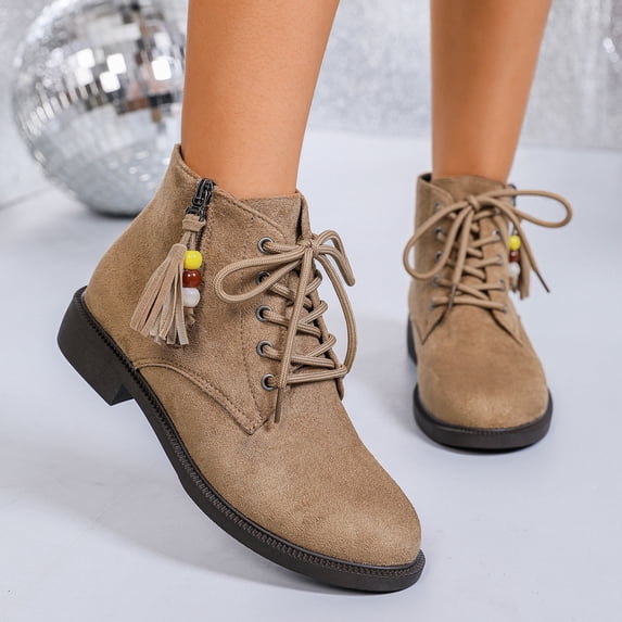 Wowcloth Ankle Boots for Women – Fashionable Casual Design with Solid Color, Round Toe, Front Lace-Up, Side Zipper & Chunky Low Heel for Comfortable Everyday Wear