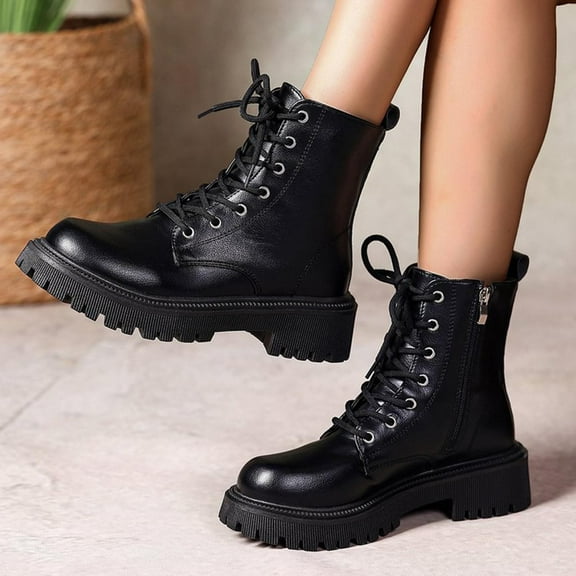 Wowcloth Ankle Boots for Women – Casual Comfort Round Toe Lace-Up & Side Zipper British-Inspired Chunky Mid Heel Footwear
