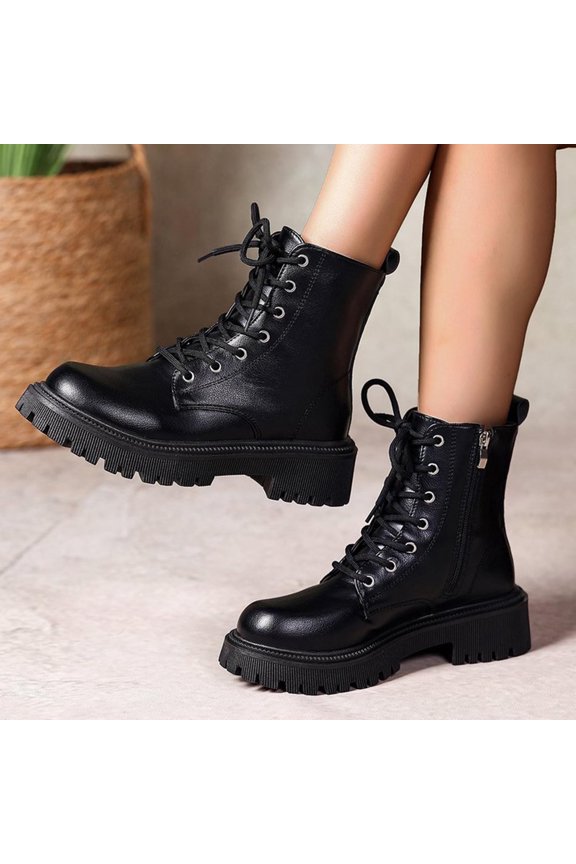 Ankle Boots for Women – Casual Comfort Round Toe Lace-Up & Side Zipper British-Inspired Chunky Mid Heel Footwear
