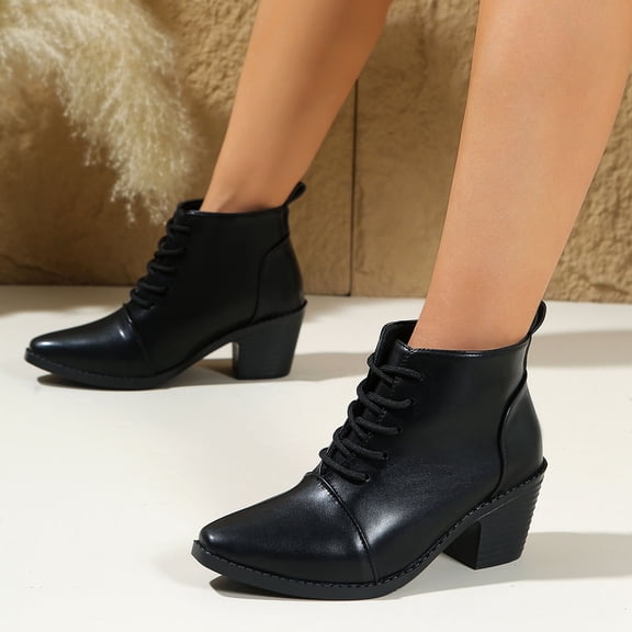 Wowcloth Ankle Boots for Women – Pointed Toe Front Lace-Up with Chunky Mid Heel for Fashion Casual Winter British Style