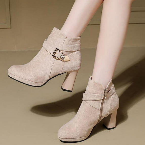Wowcloth Ankle Boots for Women - Winter Solid Color Buckle Strap Round Toe Chunky Heel Side Zipper High Heel for Casual Fashion