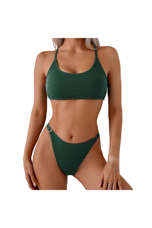 Backless Bikini Swimsuit,Tie Side Two Piece with Solid Color,Swimwear for Women