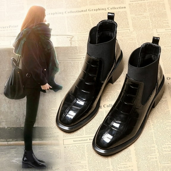 Wowcloth British Style Patent Leather Boots for Women – Slip-On Design with Plush-Lined Comfort for Everyday Winter Wear