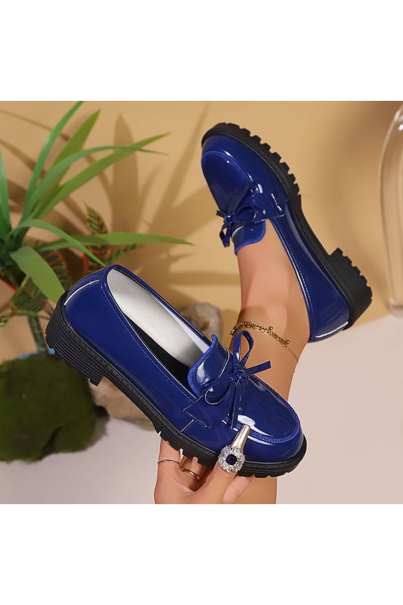 British Style Patent Leather Loafers for Women – Fashion Casual Round-Toe Slip-On with Bow Decor & Mid Heel for Versatile Daily Wear Footwear