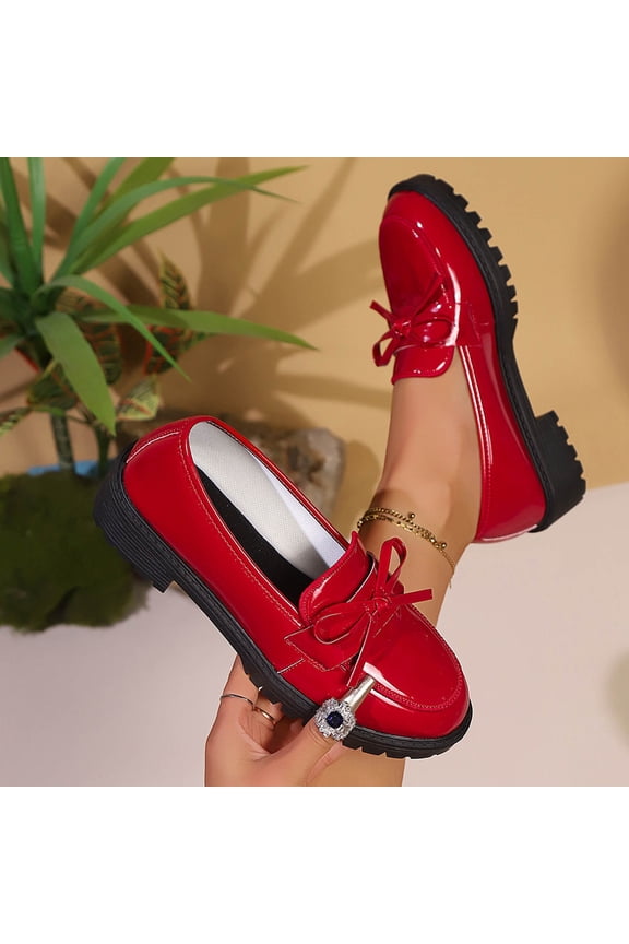British Style Patent Leather Loafers for Women – Fashion Casual Round-Toe Slip-On with Bow Decor & Mid Heel for Versatile Daily Wear Footwear