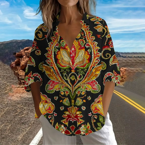 Wowcloth Button Down Shirts for Women Dressy Printed 3/4 Sleeve Blouse Casual Tops 2025