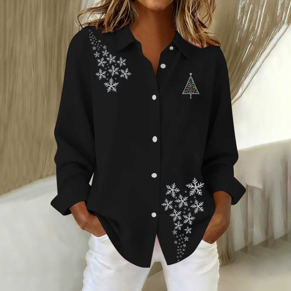 Wowcloth Christmas Print Blouse for Women, Single-Breasted Long Sleeve Shirt, Casual Holiday Top for Party and Daily Wear