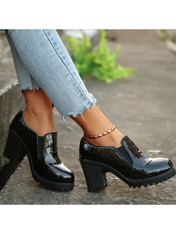 Chunky Heel Loafer Pumps for Women – Round-Toe Slip-On with Solid & Retro Versatile Casual Style Footwear