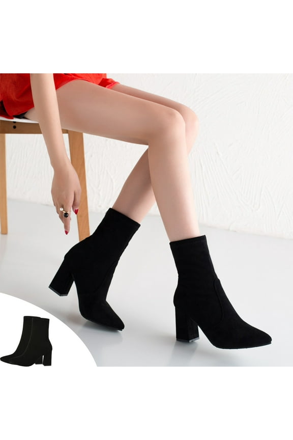 Chunky Heel Pointed Toe Booties for Women – Comfortable Stretch Design & Stylish Ankle Boots for Everyday Casual Wear