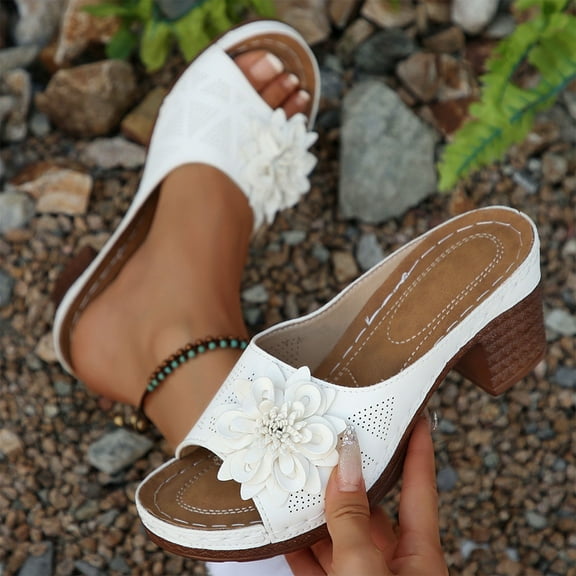 Wowcloth Chunky Heel Sandals for Women - Comfortable Hollow-Out Open-Toe Design with Floral Decors for Summer Casual Fashion Footwear