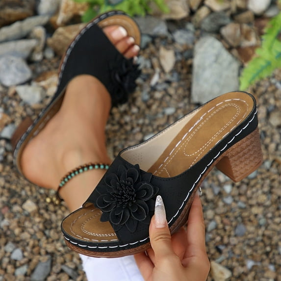 Wowcloth Chunky Heel Sandals for Women - Comfortable Hollow-Out Open-Toe Design with Floral Decors for Summer Casual Fashion Footwear