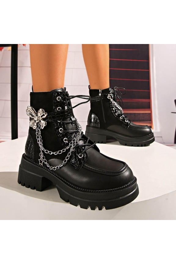 Chunky Platform Boots for Women – Stylish Star Chain & Metal Flower Decorations with Comfortable Height Increase for Streetwear Fashion