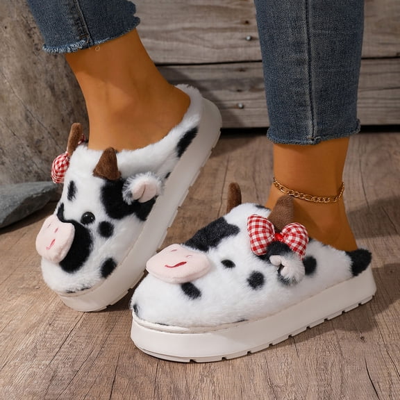 Wowcloth Cow Print Slippers for Women – Thick Sole Non-Slip Red Plaid Fuzzy Lined Warm Indoor Home Slippers for Fall Winter Fashion