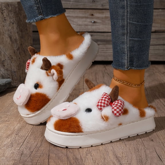 Wowcloth Cow Print Slippers for Women – Thick Sole Non-Slip Red Plaid Fuzzy Lined Warm Indoor Home Slippers for Fall Winter Fashion
