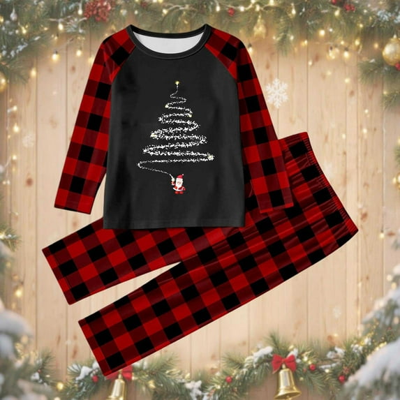 Wowcloth Family Christmas Homewear Set, Plaid Christmas Print Long-Sleeve T-Shirt + Side Pocket Pants, Cozy Matching Outfit for Family Gatherings and Festive Wear