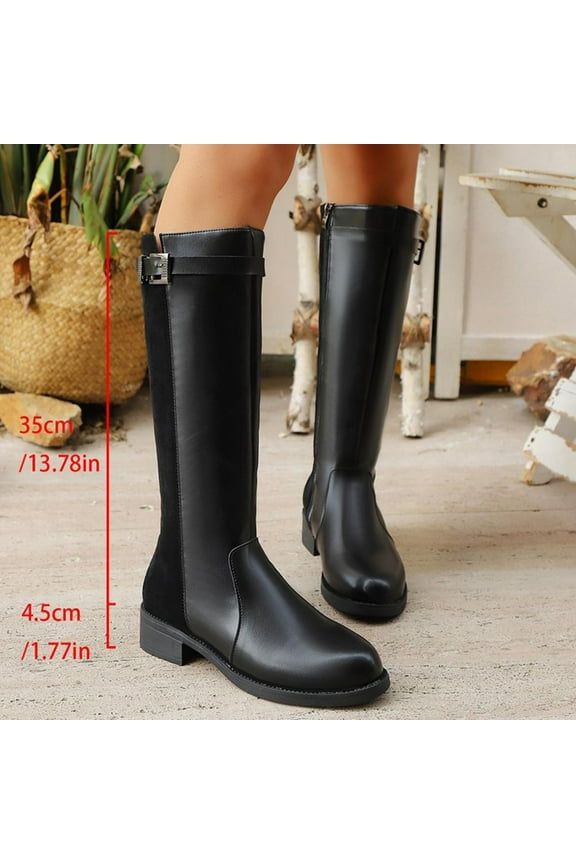 Fashion Casual Knee-High Boots for Women – Spring Autumn New Solid Color Block Round Toe with Buckle Strap & Chunky Low Heel for Everyday Wear