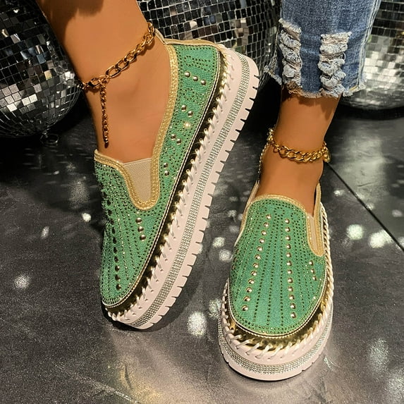 Wowcloth Fashion Casual Loafers for Women – All-Season Slip-On Platform Shoes with Low-Cut Design, Crystal Decorations & Round Toe for Everyday Comfort