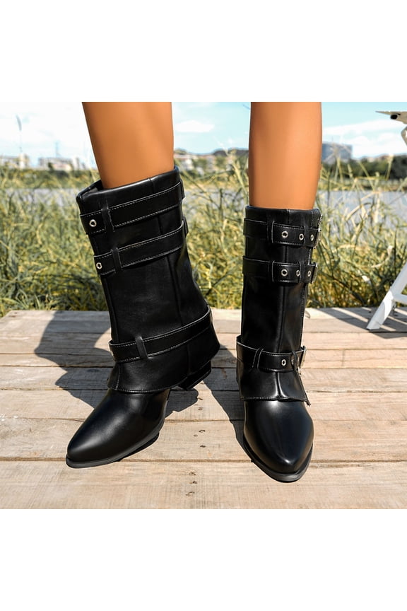 Fashion Casual Mid-Calf Boots for Women – Three Buckle Side Zipper Chunky Heel with Versatile Style for Everyday Wear
