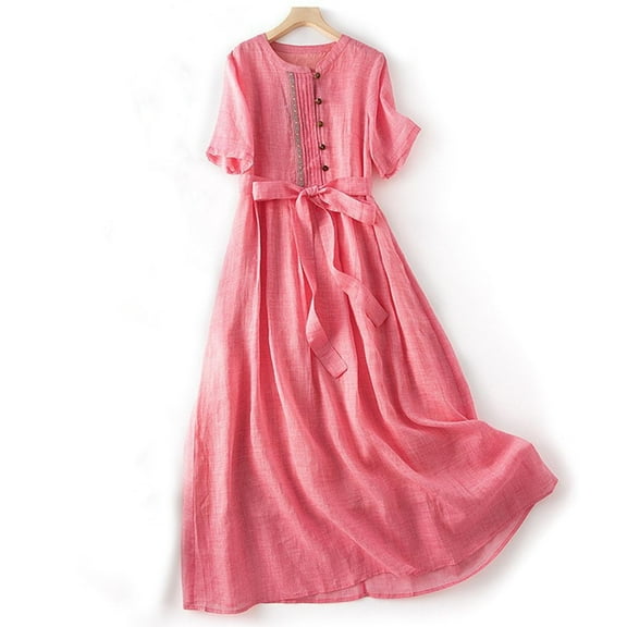 Wowcloth Flowy Dress for Women Solid Color Elastic Waisted Comfort Classic Mini Dresses Loose Beach Cotton Linen Sundress