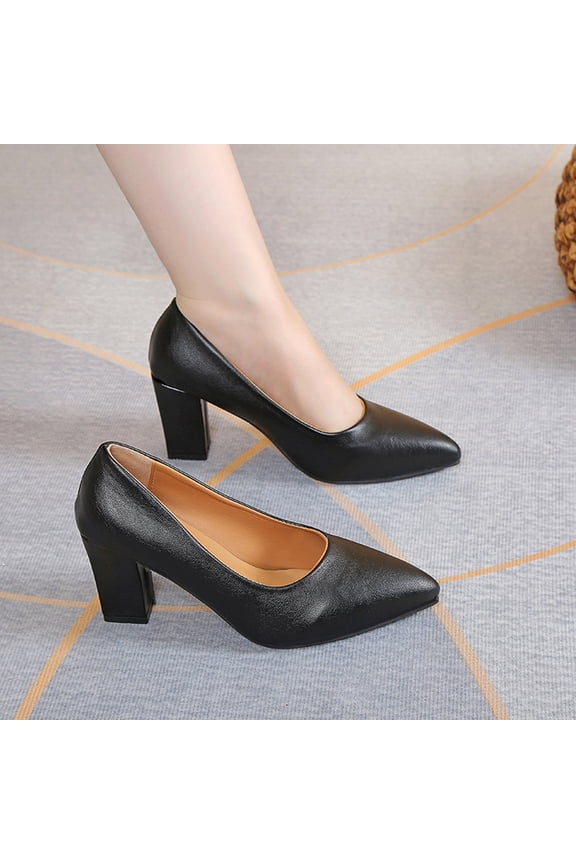 French Style Chunky Heel Pumps for Women – All-Season Low-Cut Slip-On with Pointed Toe Design for Versatile Casual & Office Wear Footwear
