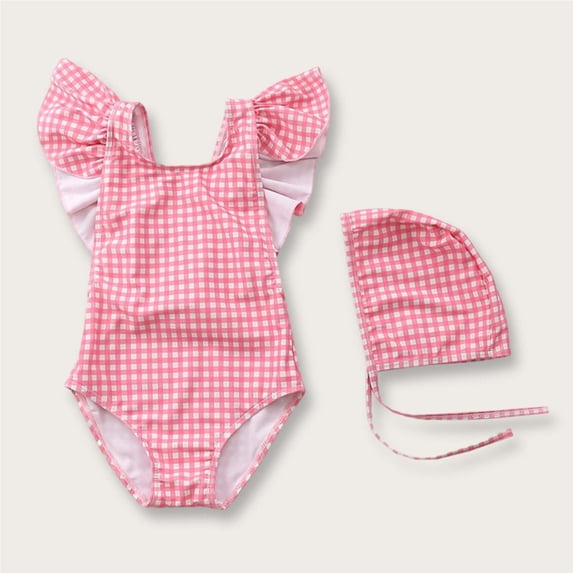 Wowcloth Girl's One-Piece Swimsuit with Matching Cap, Plaid Pattern with Flutter Sleeves, Summer Swimwear for Beach and Pool