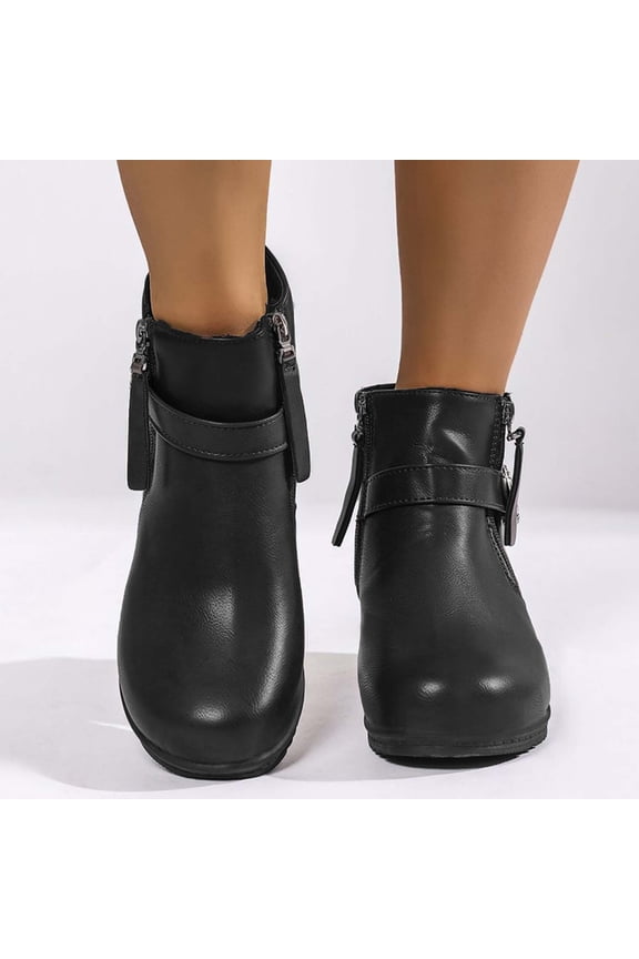 Heeled Mid-Calf Boots for Women – Double Buckle & Zipper Design with Trendy Chunky Heel for Stylish Winter Footwear