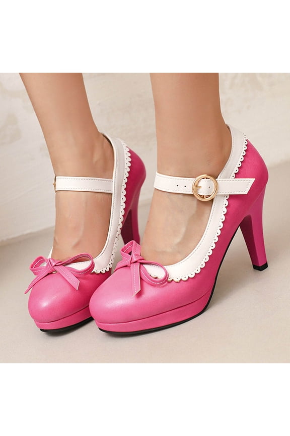 High Heels for Women – Color Block Design with Bowknot Decorations, Thick Heel & Single Strap Gothic Princess Style Fashion Shoes